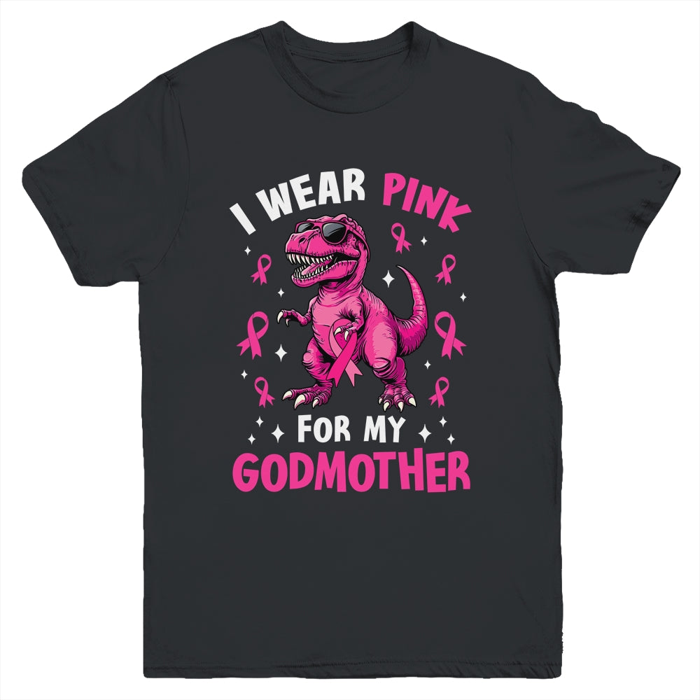 I Wear Pink For My Godmother T-Rex Dinosaur Breast Cancer Awareness Youth Shirt | teecentury