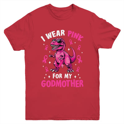 I Wear Pink For My Godmother T-Rex Dinosaur Breast Cancer Awareness Youth Shirt | teecentury
