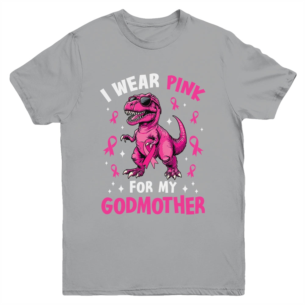 I Wear Pink For My Godmother T-Rex Dinosaur Breast Cancer Awareness Youth Shirt | teecentury