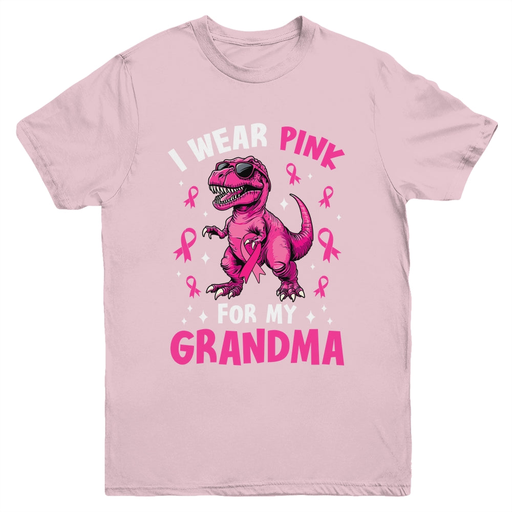 I Wear Pink For My Grandma T-Rex Dinosaur Breast Cancer Awareness Youth Shirt | teecentury