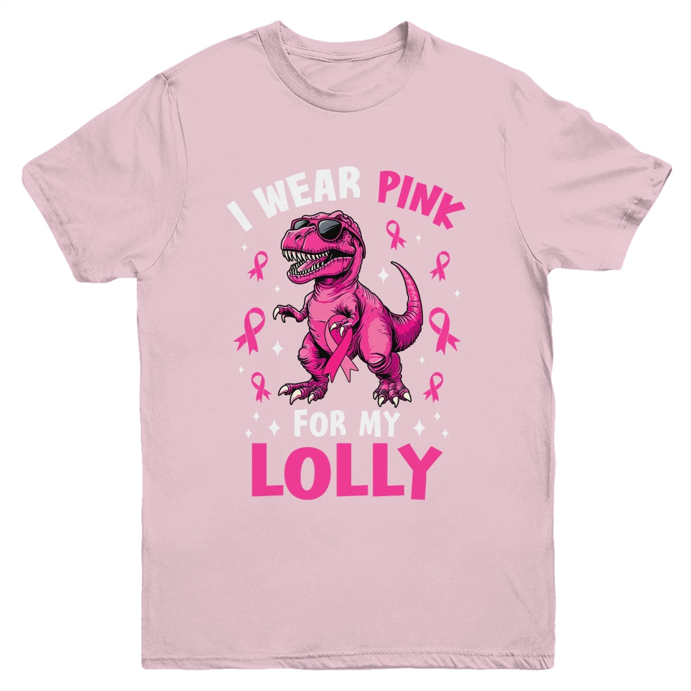 I Wear Pink For My Lolly T-Rex Dinosaur Breast Cancer Awareness Youth Shirt | teecentury