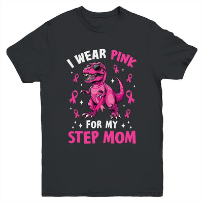 I Wear Pink For My Step Mom T-Rex Dinosaur Breast Cancer Awareness Youth Shirt | teecentury