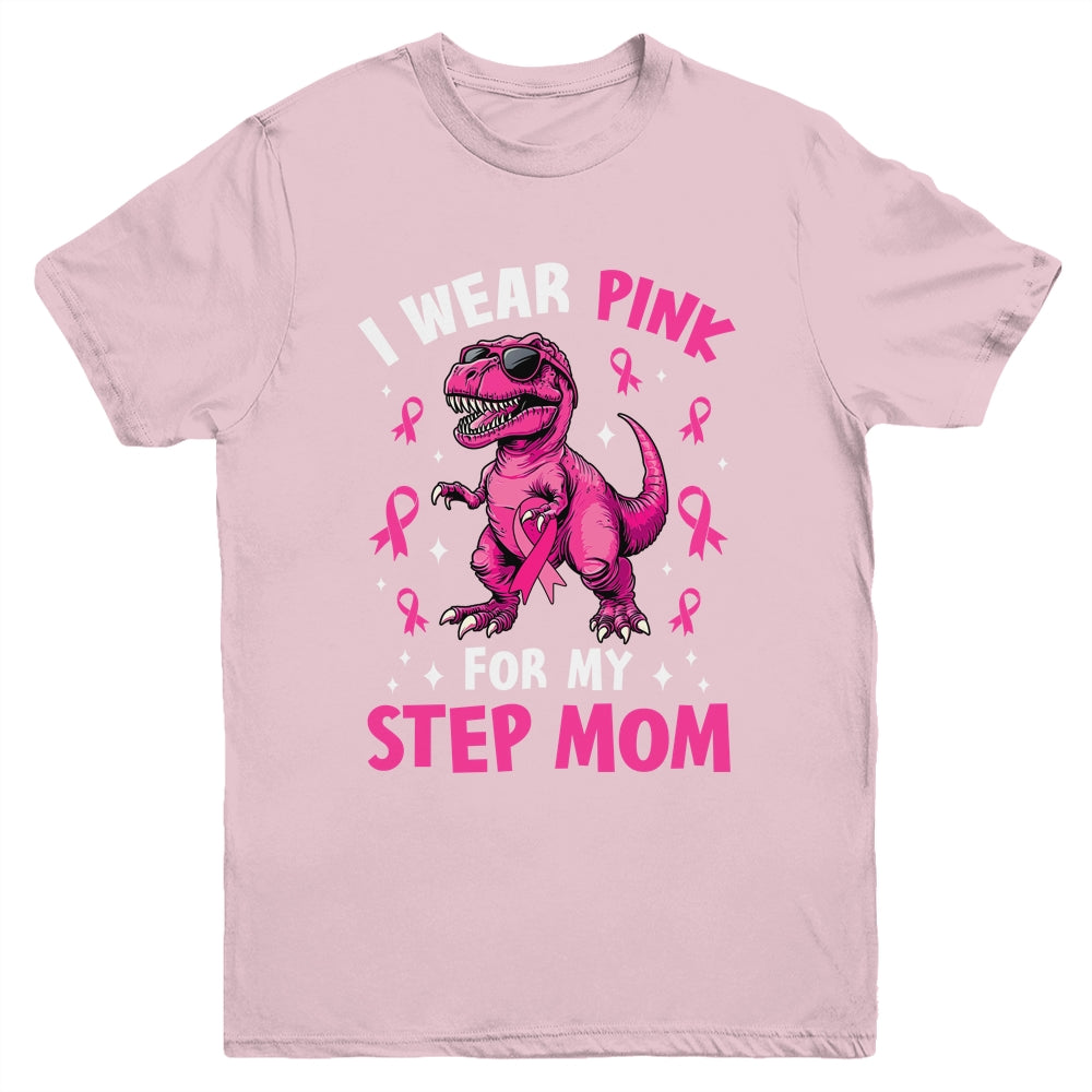 I Wear Pink For My Step Mom T-Rex Dinosaur Breast Cancer Awareness Youth Shirt | teecentury