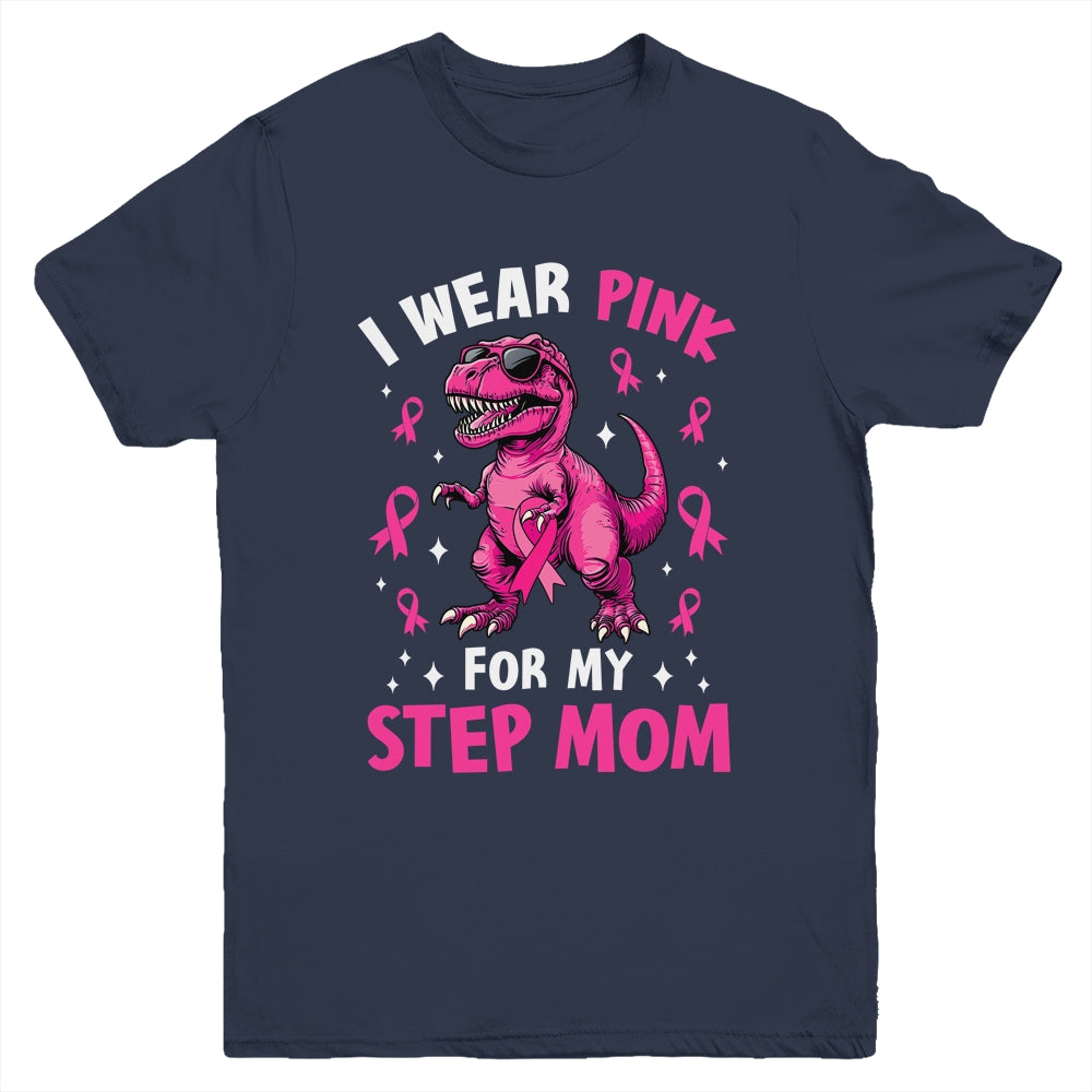 I Wear Pink For My Step Mom T-Rex Dinosaur Breast Cancer Awareness Youth Shirt | teecentury