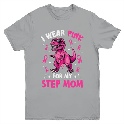 I Wear Pink For My Step Mom T-Rex Dinosaur Breast Cancer Awareness Youth Shirt | teecentury