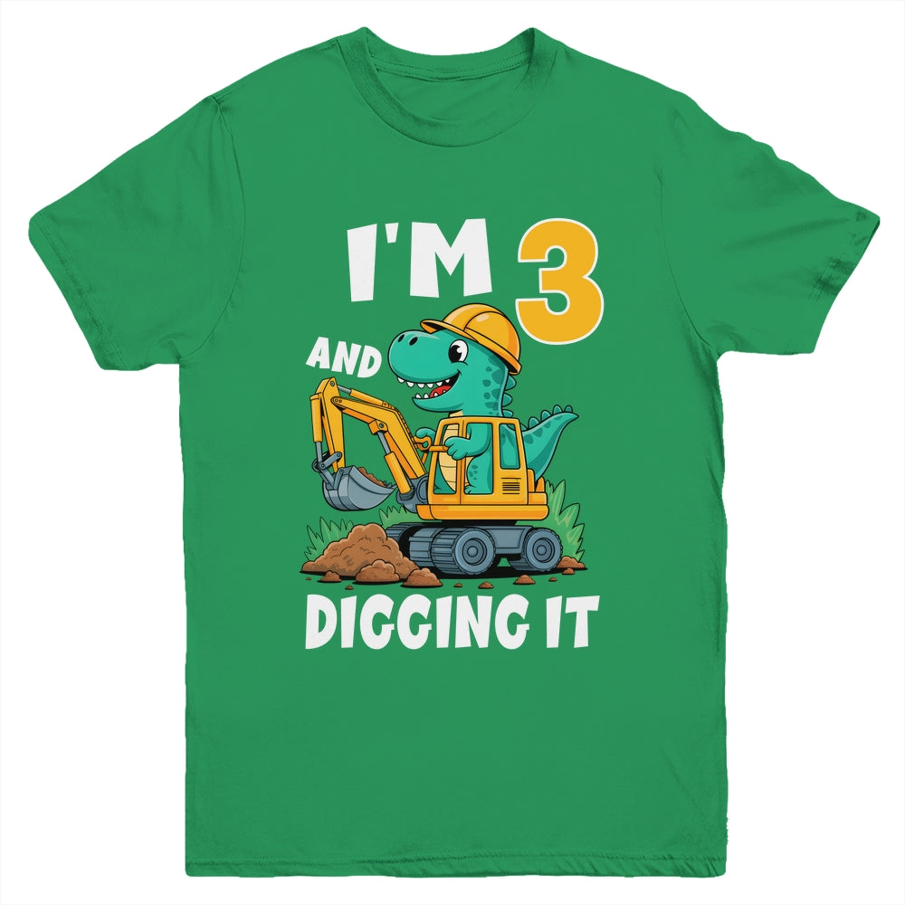 I'm 3 And Digging It 3rd Birthday Cute Dinosaur Construction Youth Shirt | teecentury