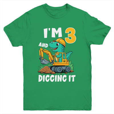 I'm 3 And Digging It 3rd Birthday Cute Dinosaur Construction Youth Shirt | teecentury
