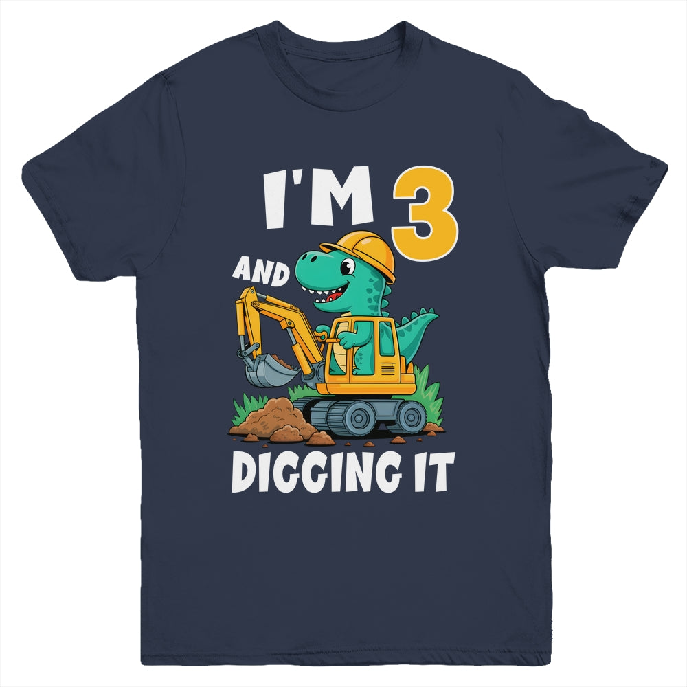 I'm 3 And Digging It 3rd Birthday Cute Dinosaur Construction Youth Shirt | teecentury