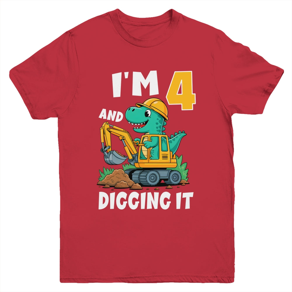 I'm 4 And Digging It 4th Birthday Cute Dinosaur Construction Youth Shirt | teecentury