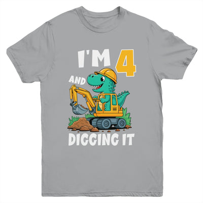 I'm 4 And Digging It 4th Birthday Cute Dinosaur Construction Youth Shirt | teecentury