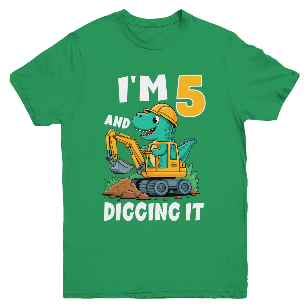 I'm 5 And Digging It 5th Birthday Cute Dinosaur Construction Youth Shirt | teecentury