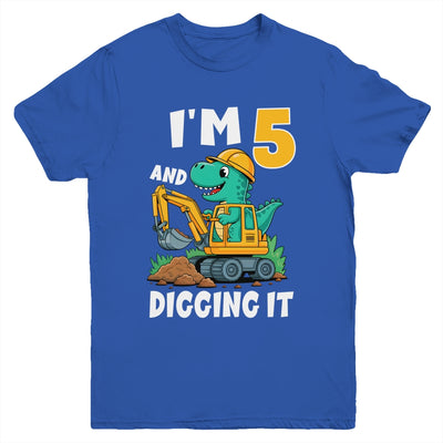 I'm 5 And Digging It 5th Birthday Cute Dinosaur Construction Youth Shirt | teecentury