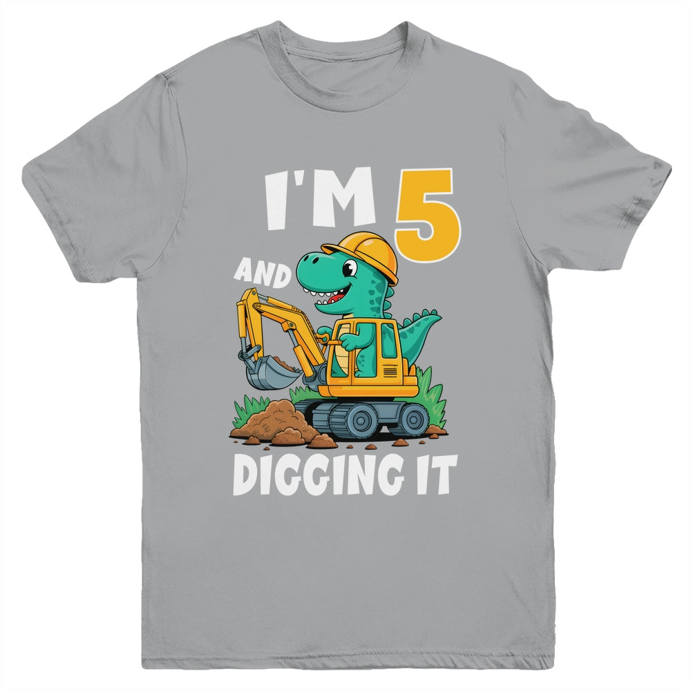 I'm 5 And Digging It 5th Birthday Cute Dinosaur Construction Youth Shirt | teecentury