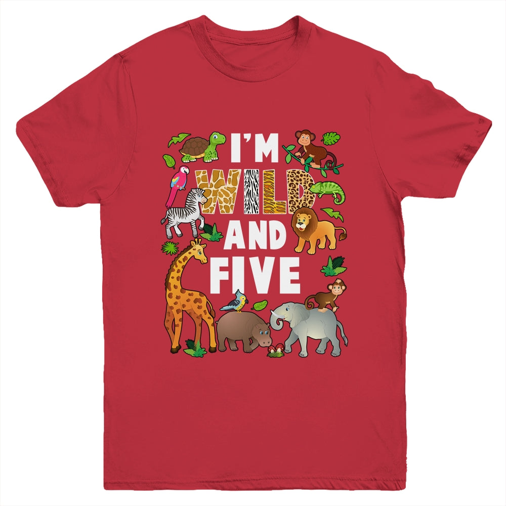 I'm Wild And Five 5 Year Old 5th Birthday Safari Jungle Animal Youth Shirt | teecentury