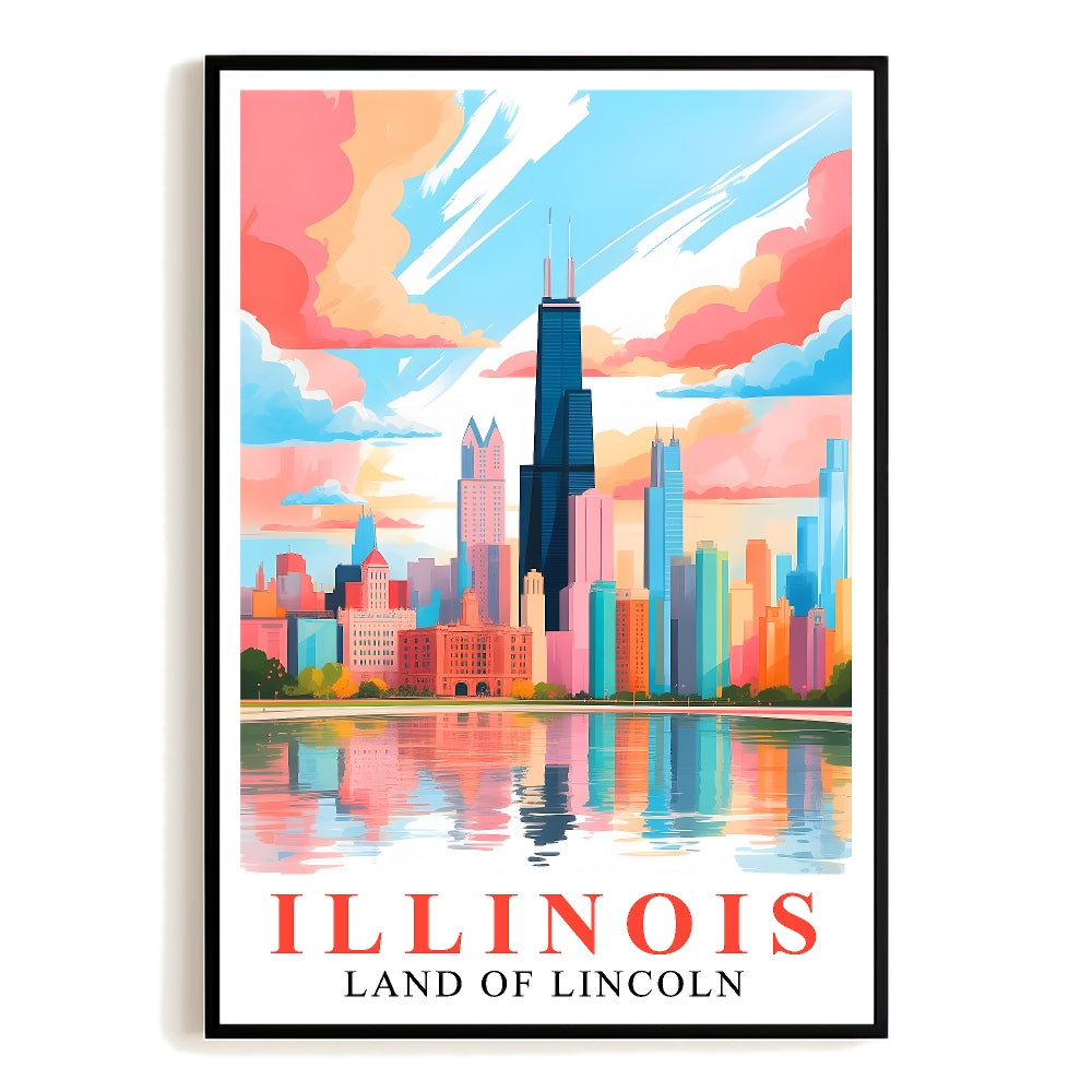 Illinois Art Print Travel Poster Land Of Lincoln Chicago City Skyline Travel Souvenir Wall Landscape Painting Ideal For Home Living Room Office Bedroom Decor Unframed | teecentury