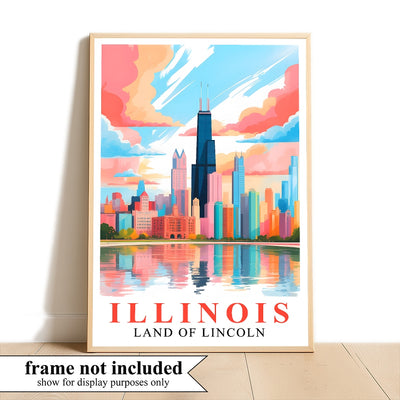 Illinois Art Print Travel Poster Land Of Lincoln Chicago City Skyline Travel Souvenir Wall Landscape Painting Ideal For Home Living Room Office Bedroom Decor Unframed | teecentury