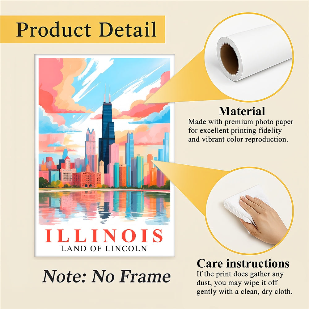 Illinois Art Print Travel Poster Land Of Lincoln Chicago City Skyline Travel Souvenir Wall Landscape Painting Ideal For Home Living Room Office Bedroom Decor Unframed | teecentury