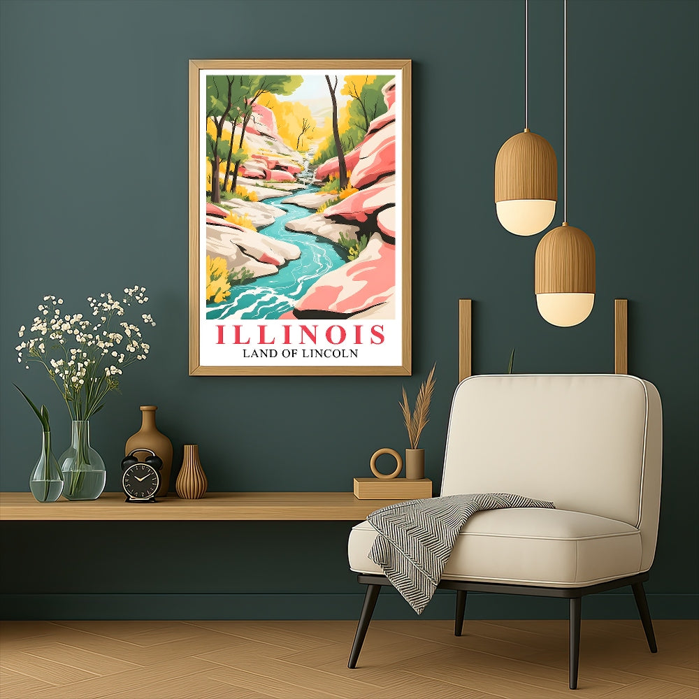 Illinois Print Travel Poster Scenic Waterfal Nature Souvenir Wall Art Landscape Painting Picture Ideal Gift For Home Room Living Room Office Bedroom Decor Unframed | teecentury