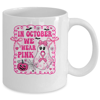In October We Wear Pink Coquette Breast Cancer Halloween Ghost Mug | teecentury