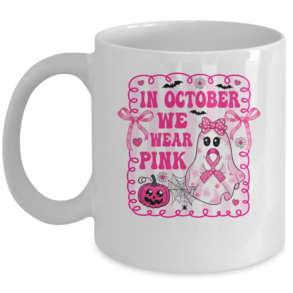 In October We Wear Pink Coquette Breast Cancer Halloween Ghost Mug | teecentury