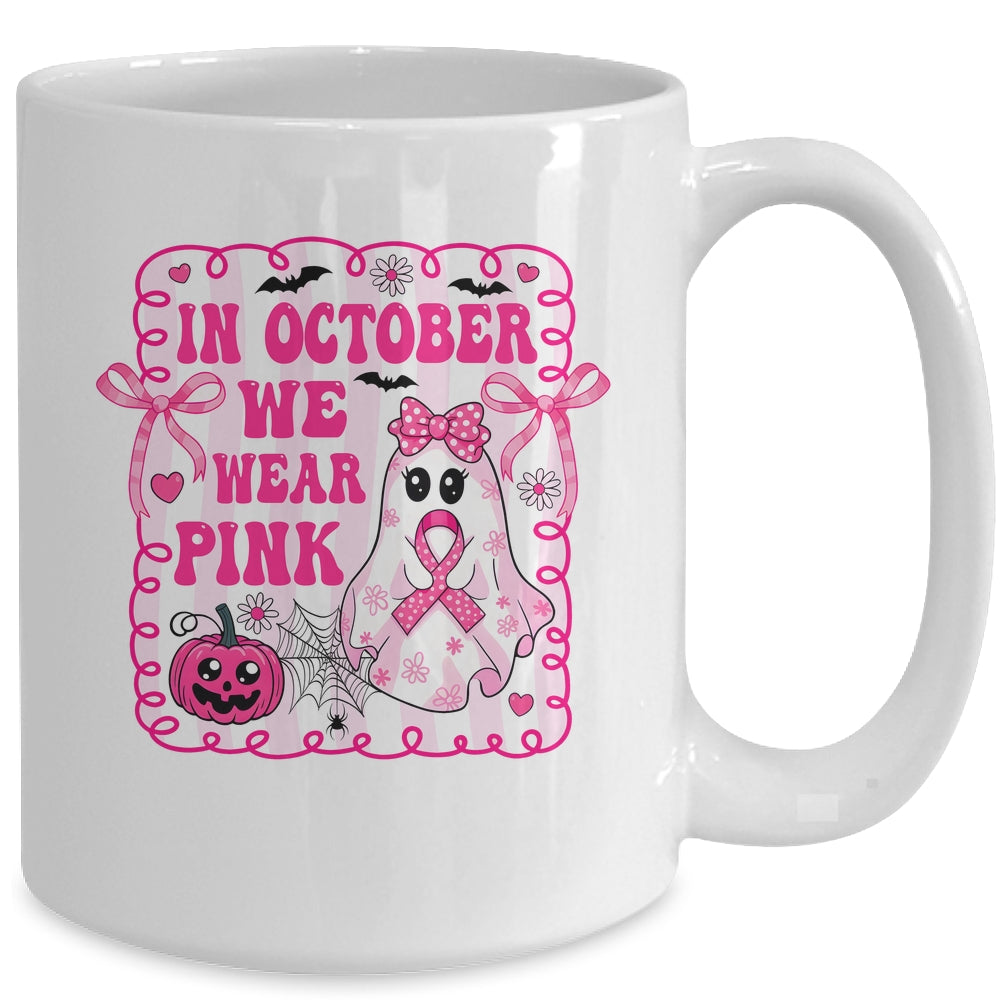 In October We Wear Pink Coquette Breast Cancer Halloween Ghost Mug | teecentury