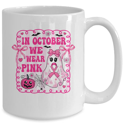 In October We Wear Pink Coquette Breast Cancer Halloween Ghost Mug | teecentury