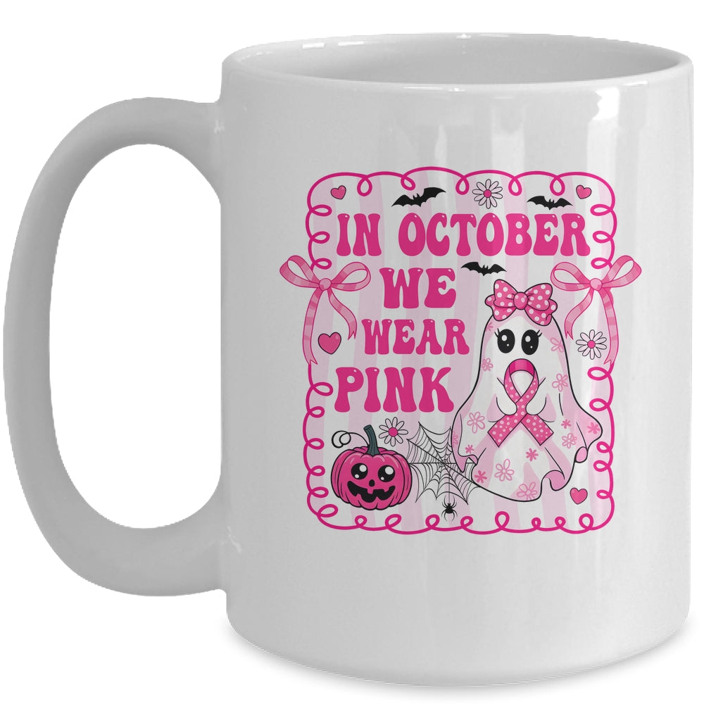 In October We Wear Pink Coquette Breast Cancer Halloween Ghost Mug | teecentury
