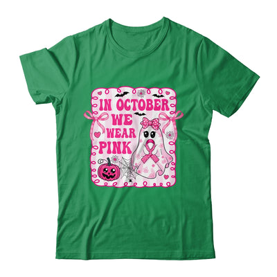 In October We Wear Pink Coquette Breast Cancer Halloween Ghost Shirt & Sweatshirt | teecentury