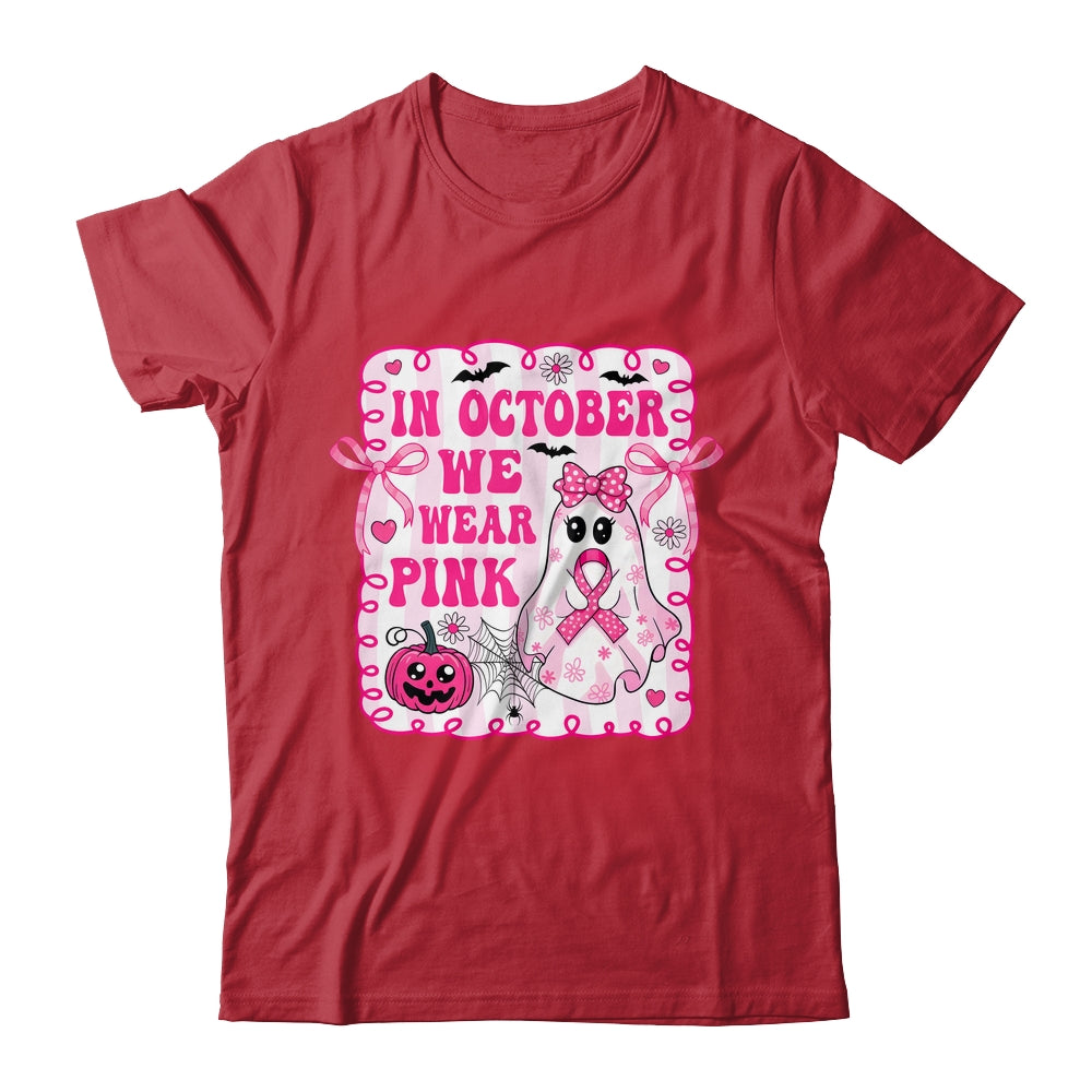 In October We Wear Pink Coquette Breast Cancer Halloween Ghost Shirt & Sweatshirt | teecentury