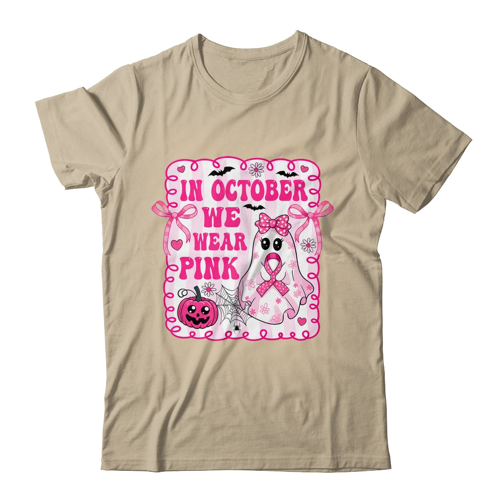 In October We Wear Pink Coquette Breast Cancer Halloween Ghost Shirt & Sweatshirt | teecentury