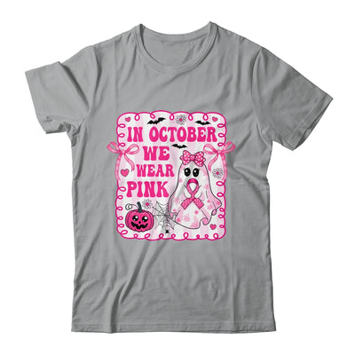 In October We Wear Pink Coquette Breast Cancer Halloween Ghost Shirt & Sweatshirt | teecentury