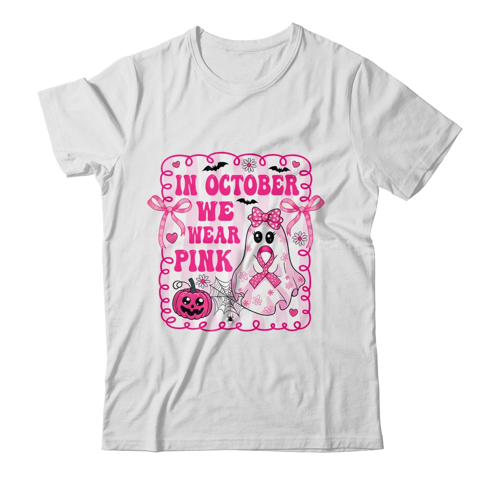 In October We Wear Pink Coquette Breast Cancer Halloween Ghost Shirt & Sweatshirt | teecentury