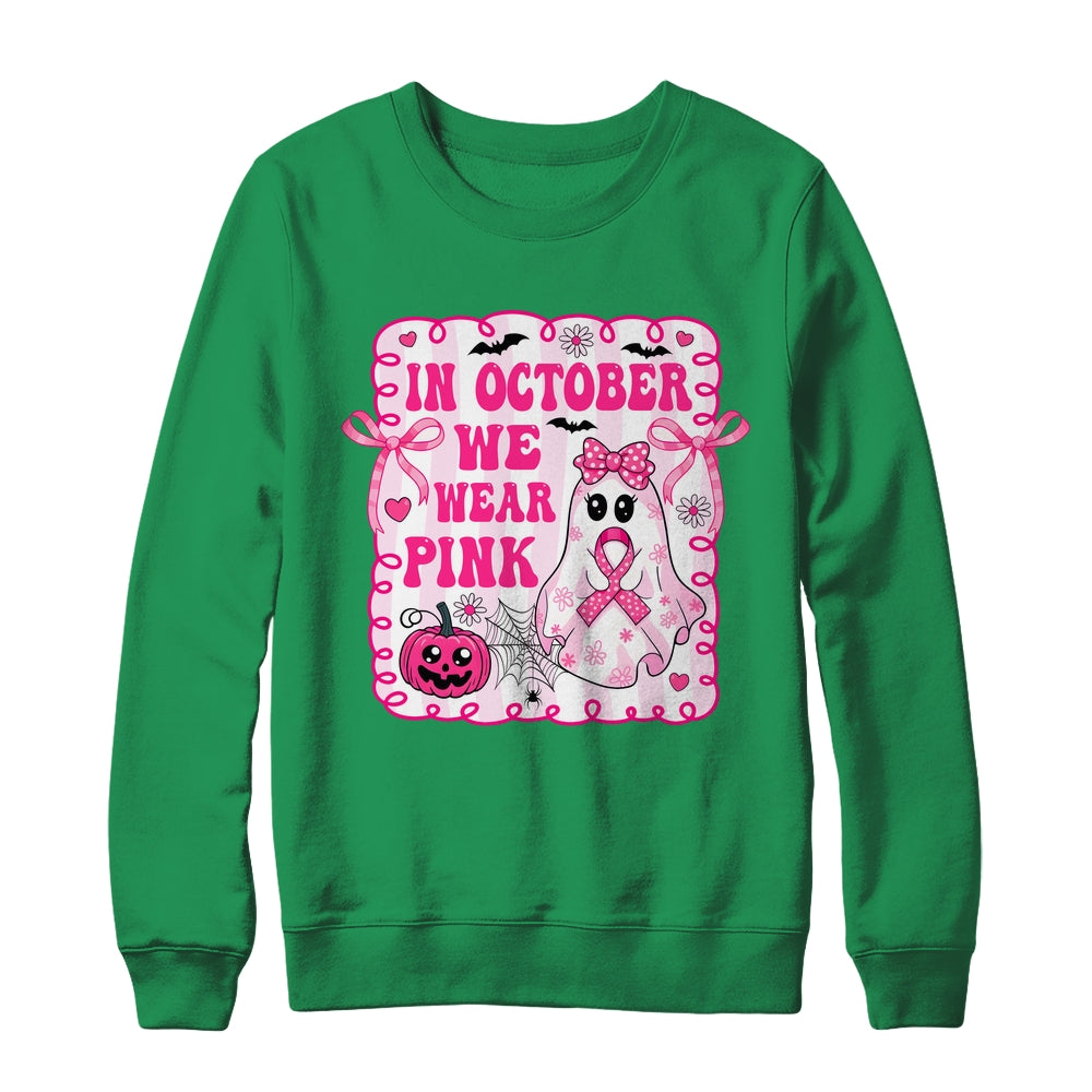 In October We Wear Pink Coquette Breast Cancer Halloween Ghost Shirt & Sweatshirt | teecentury