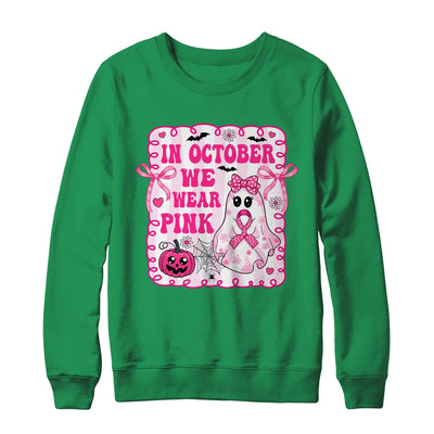 In October We Wear Pink Coquette Breast Cancer Halloween Ghost Shirt & Sweatshirt | teecentury