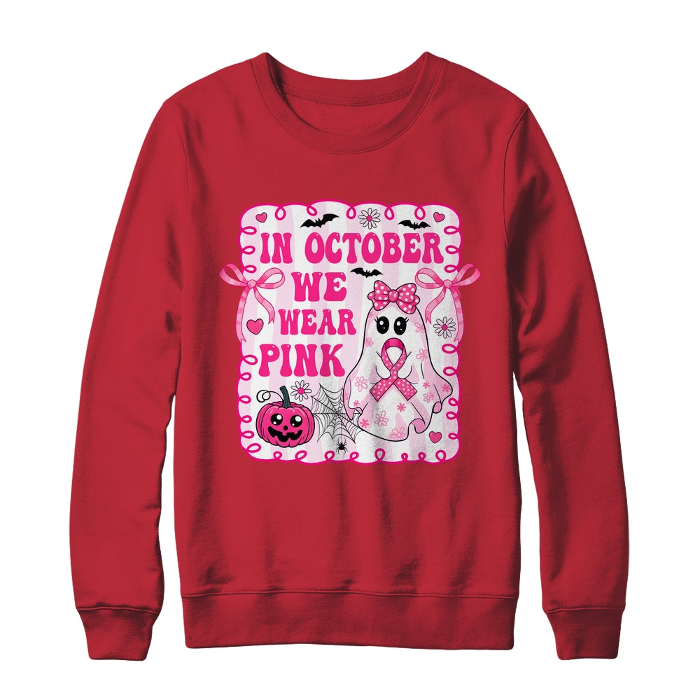 In October We Wear Pink Coquette Breast Cancer Halloween Ghost Shirt & Sweatshirt | teecentury