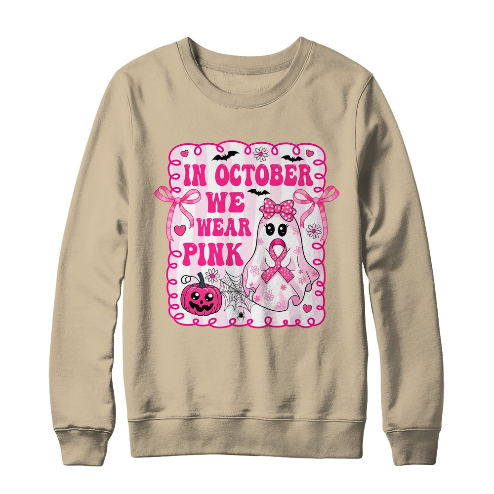 In October We Wear Pink Coquette Breast Cancer Halloween Ghost Shirt & Sweatshirt | teecentury