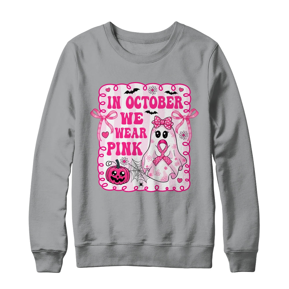 In October We Wear Pink Coquette Breast Cancer Halloween Ghost Shirt & Sweatshirt | teecentury