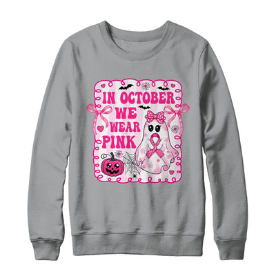 In October We Wear Pink Coquette Breast Cancer Halloween Ghost Shirt & Sweatshirt | teecentury