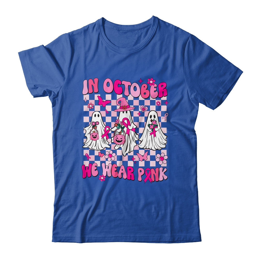 In October We Wear Pink Ghosts For Breast Cancer Women Groovy Shirt & Hoodie | teecentury