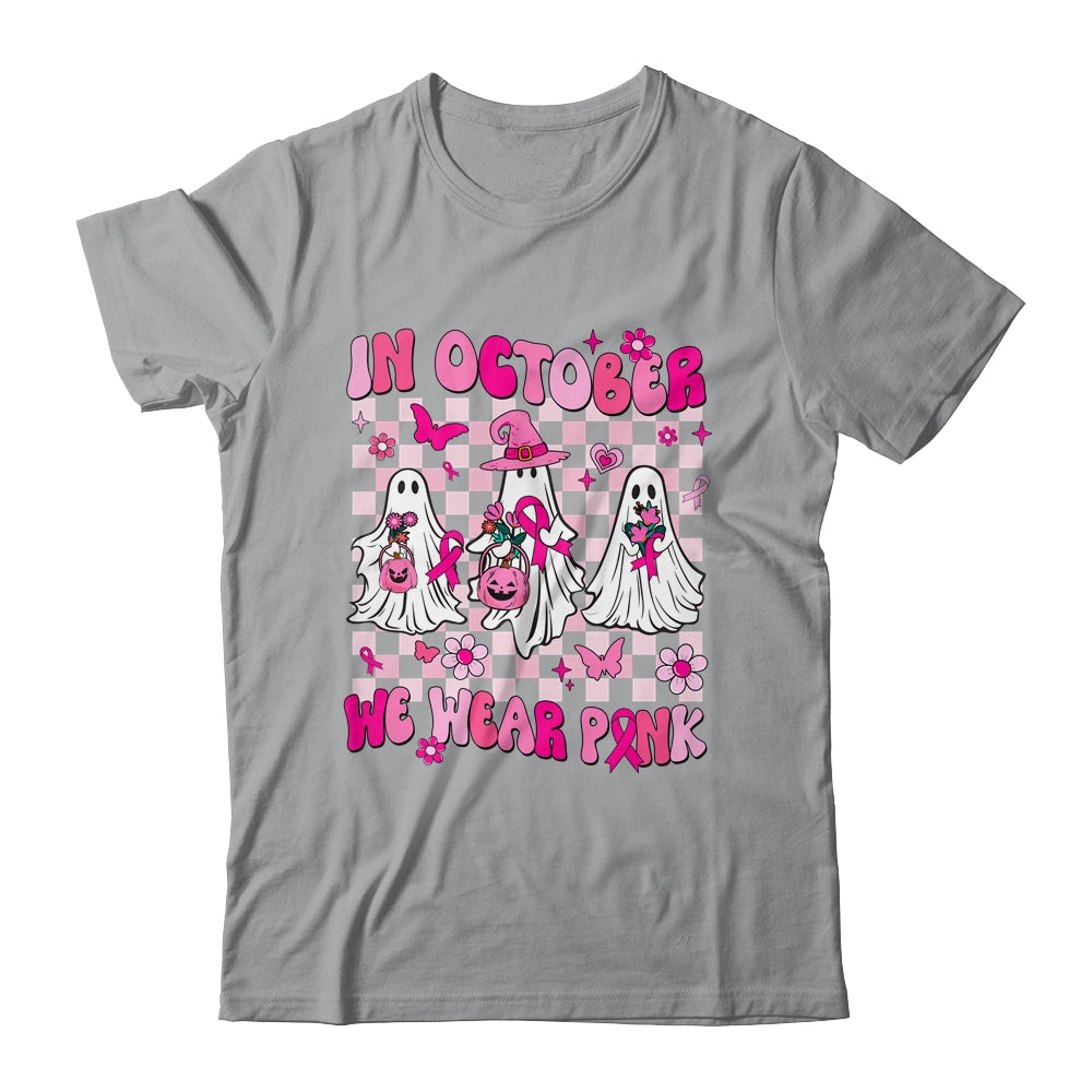 In October We Wear Pink Ghosts For Breast Cancer Women Groovy Shirt & Hoodie | teecentury