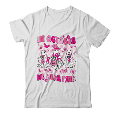 In October We Wear Pink Ghosts For Breast Cancer Women Groovy Shirt & Hoodie | teecentury