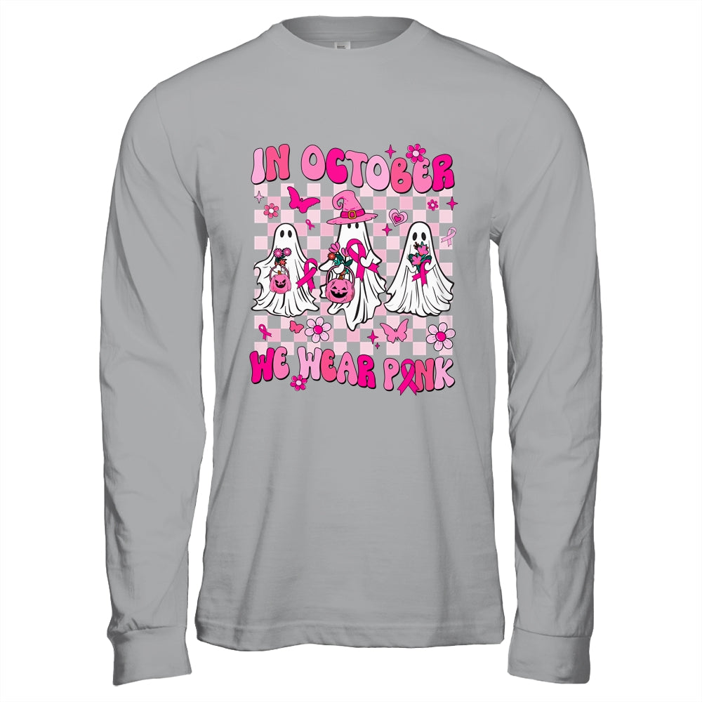 In October We Wear Pink Ghosts For Breast Cancer Women Groovy Shirt & Hoodie | teecentury