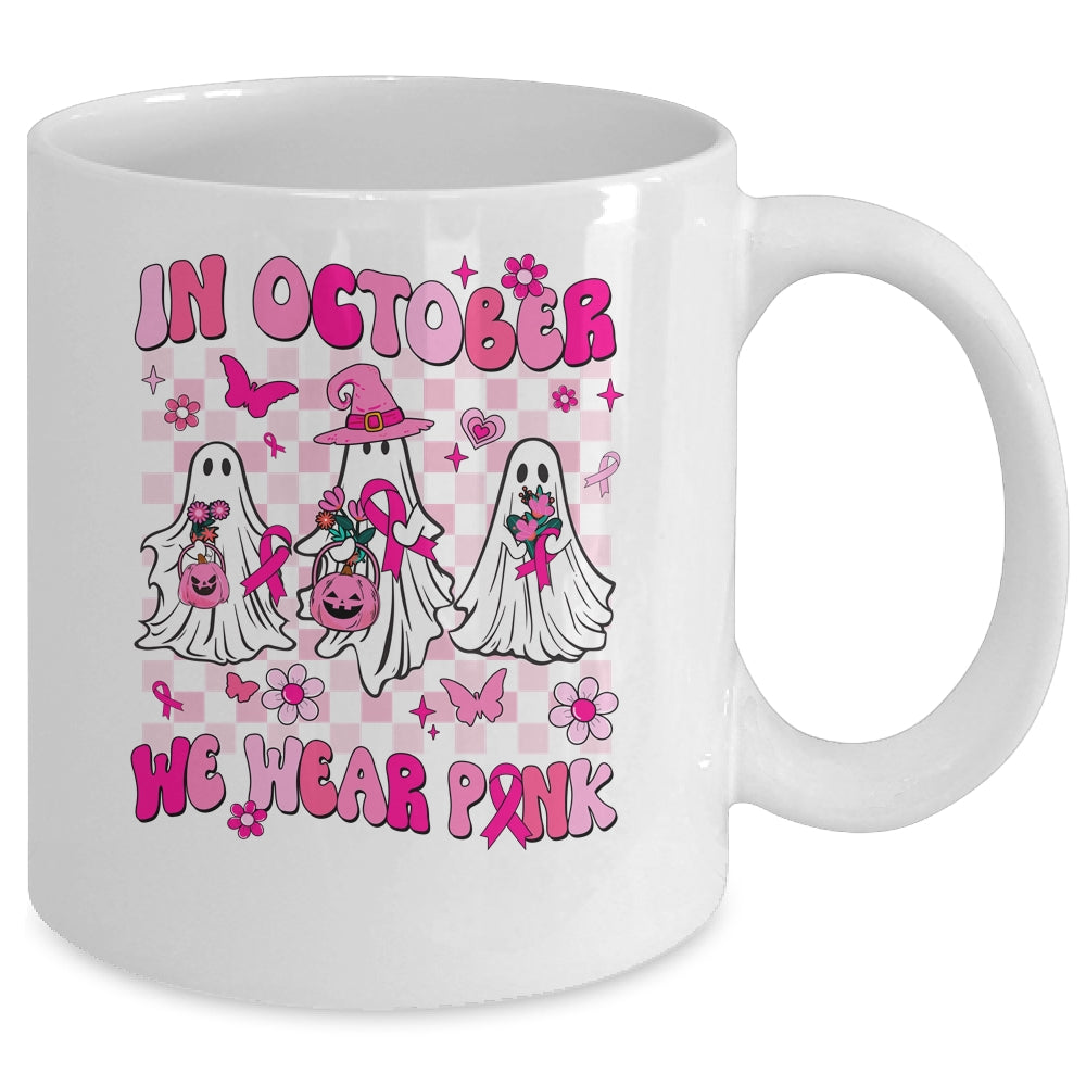 In October We Wear Pink Ghosts For Breast Cancer Women Groovy Mug | teecentury