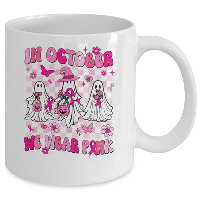In October We Wear Pink Ghosts For Breast Cancer Women Groovy Mug | teecentury