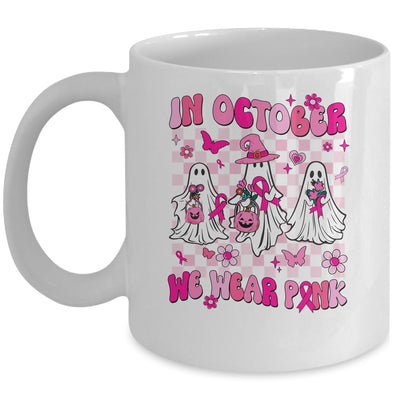 In October We Wear Pink Ghosts For Breast Cancer Women Groovy Mug | teecentury