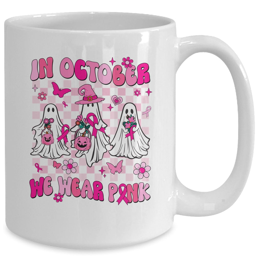In October We Wear Pink Ghosts For Breast Cancer Women Groovy Mug | teecentury