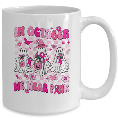 In October We Wear Pink Ghosts For Breast Cancer Women Groovy Mug | teecentury