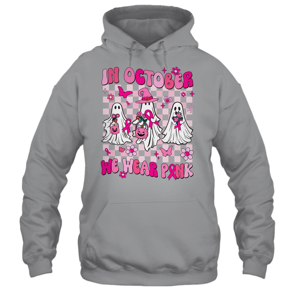 In October We Wear Pink Ghosts For Breast Cancer Women Groovy Shirt & Hoodie | teecentury