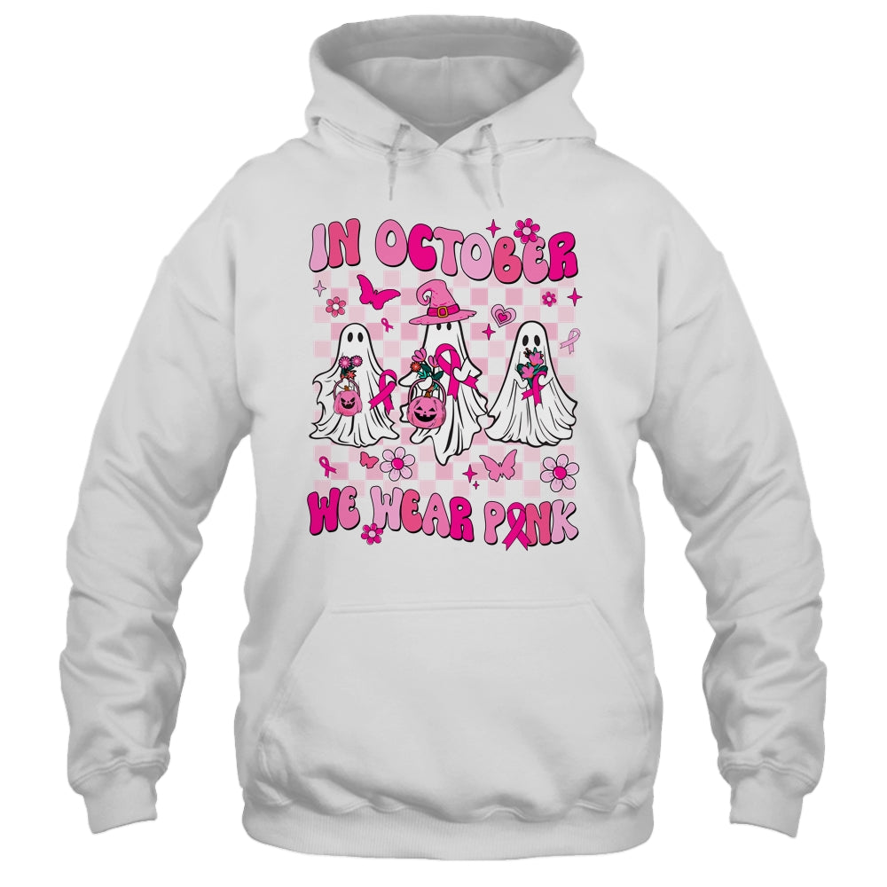 In October We Wear Pink Ghosts For Breast Cancer Women Groovy Shirt & Hoodie | teecentury
