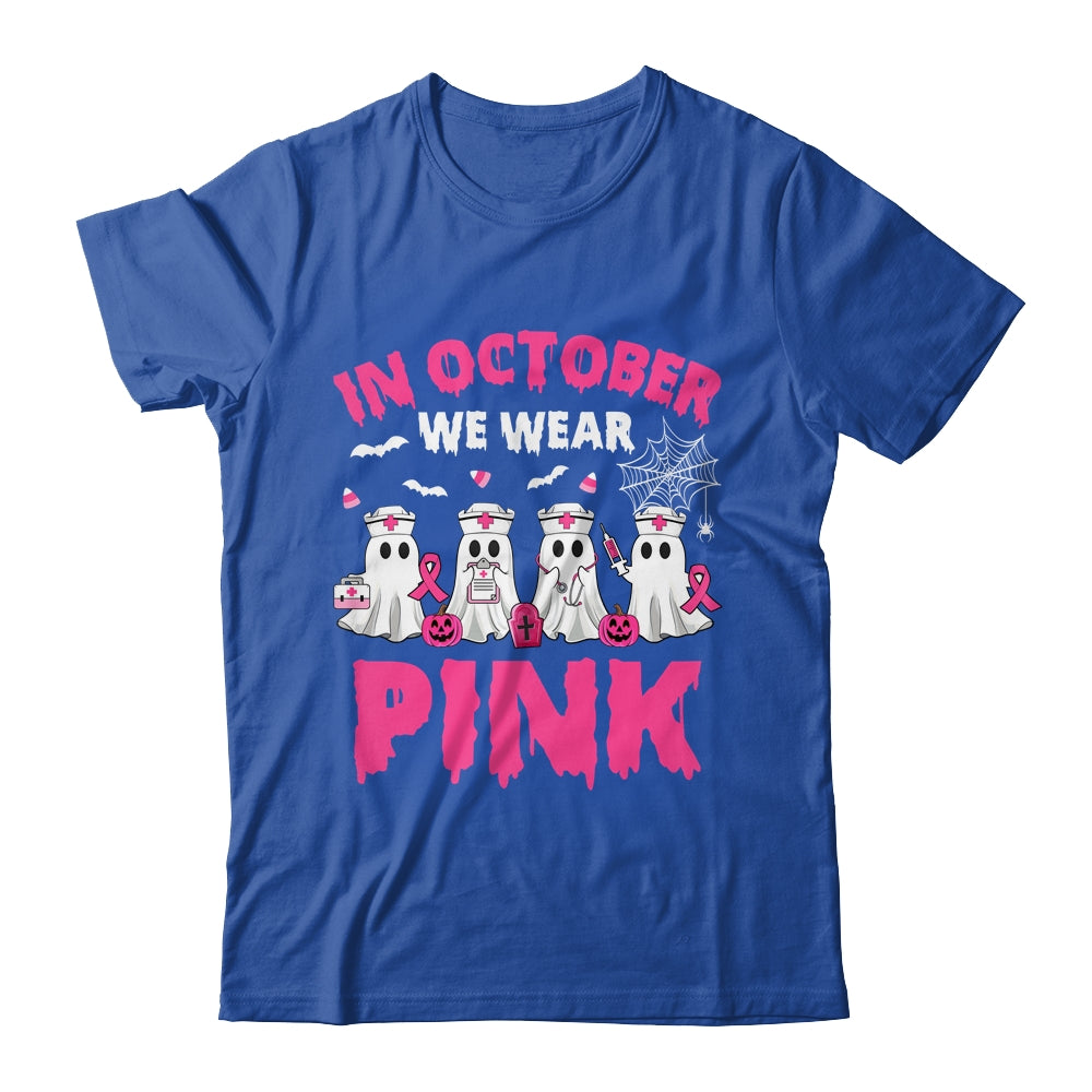 In October We Wear Pink Nurse Ghost Halloween Breast Cancer Shirt & Hoodie | teecentury